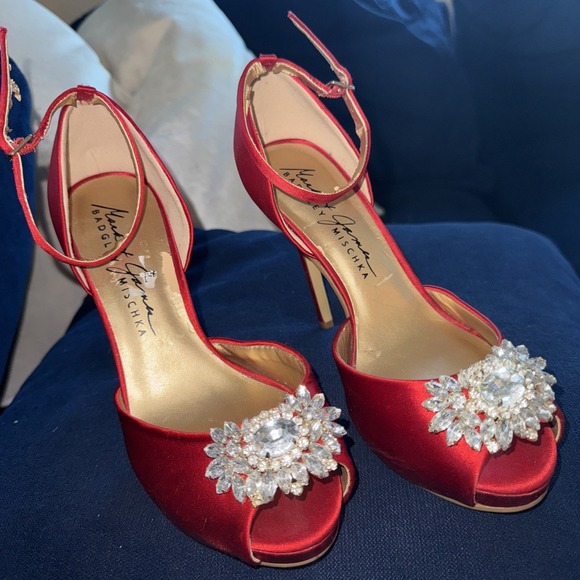Red Badgley Mischka Heeled Open Toe Rhinestone Shoes 5.5 Silk Bling Wedding Sexy - Picture 1 of 9